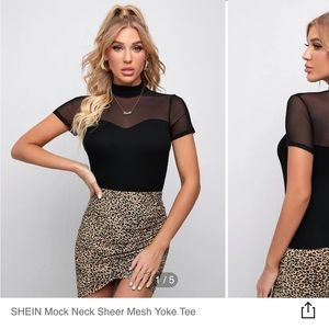 SHEIN Mock Neck Sheer Mesh Yoke Tee